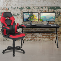 Flash Furniture BLN-X10D1904L-RD-GG Gaming Desk and Red/Black Racing Chair Set /Cup Holder/Headphone Hook/Removable Mouse Pad Top - 2 Wire Management Holes